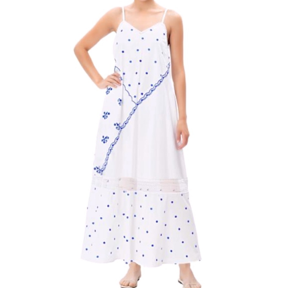 Wayward Fancies eShakti White Semi Lined Cotton Maxi Dress Blue Embroidery, 1X
